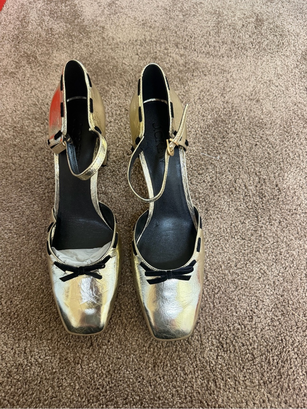 J. Crew Metallic Gold Ankle-Strap Heels with Black Bow